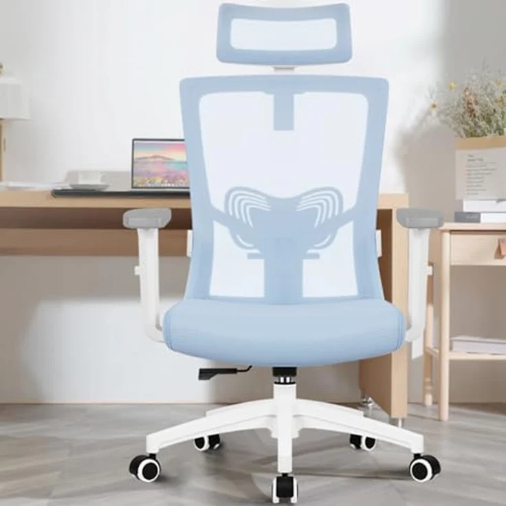 Daccormax Bürostuhl Ergonomisch, mit verstellbarer Kopfstütze, Lendenwirbelstütze & Wippfunktion, Mesh blau, 70 x 70 x 128 cm – Bild 3