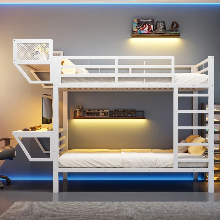 ZUBALIYA Metall-Etagenbett (90 x 200 cm) mit Schreibtisch und Ablagefächern, Lattenrost, platzsparendes Hochbett für Kinder, Jugendliche und Erwachsene, Weiß – Bild 3