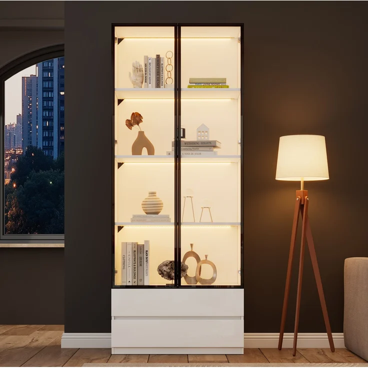 DESVIAE Regal-Vitrine Weiß aus Spanplatte – 80x200x34 cm – LED-Beleuchtung, 2 Schubladen – Bild 2
