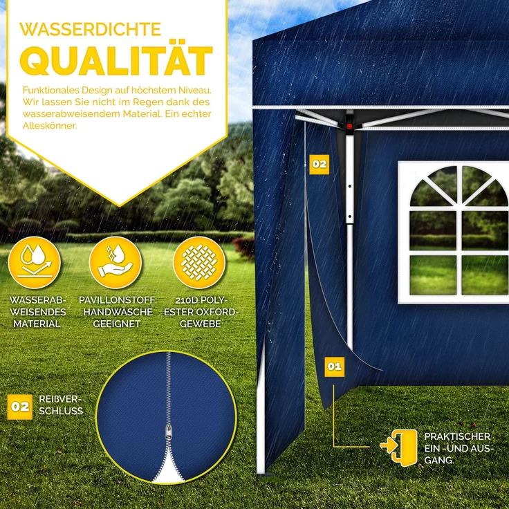 tillvex Pavillon 3x6m - mit 6 Seitenwänden Blau wasserdicht | Pop-Up Faltpavillon höhenverstellbar | Gartenzelt UV Schutz 50+ | Partyzelt mit Tasche für Garten – Bild 10