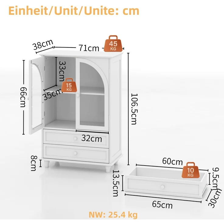 Aufbewahrungsschrank 71 x 38 x 106,5 cm in Weiß mit gewölbten Glastüren und 2 Schubladen – Bild 4