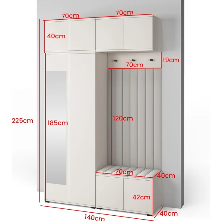 Garderoben-Set Napoli Version 11: Kleiderschrank mit Polsterpaneelen, Schuhschrank und Schrankaufsatz Flur und Eingangsbereich (Cashmere/Trinity 19), 229 x 40 x 140 cm – Bild 3
