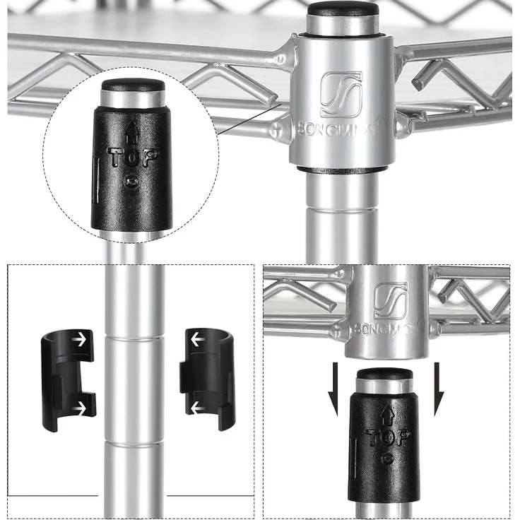 Songmics Badezimmerregal, Standregal, Metallregal, bis 100 kg belastbar, mit 5 PP-Platten, abnehmbare Haken, 30 x 30 x 123,5 cm, erweiterbar, für kleine Räume, silbern-transparent LGR023S01 – Bild 5