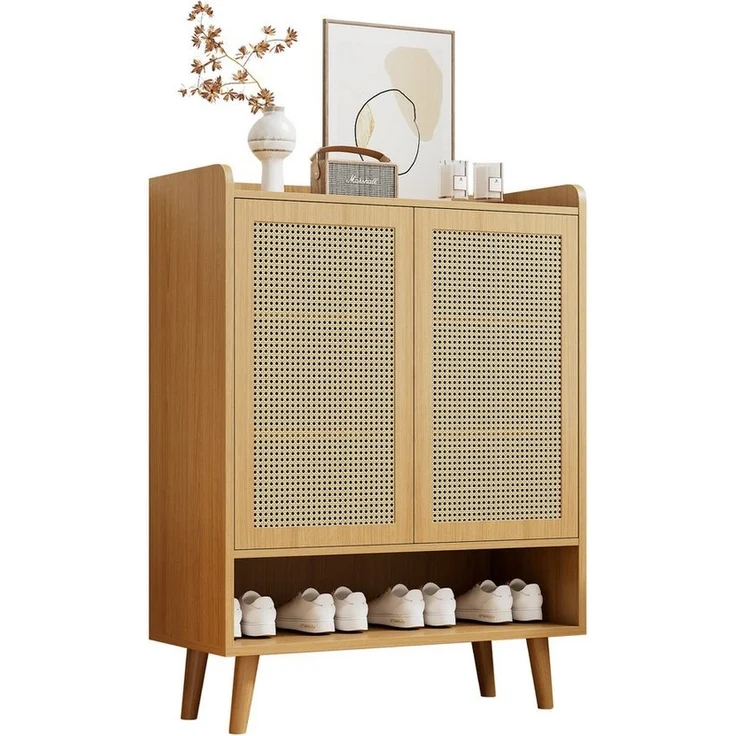 OKWISH Schuhschrank aus natürlichem Rattan mit 2 Türen und 5 Regalböden,B80/H105/T35 cm – Bild 1