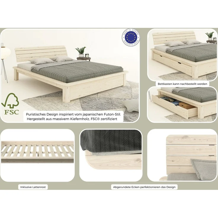 OTTO home Massivholzbett Antri, Futonbett, ergonomisch geformtes Kopfteil, stilvolles Design, Rahmen zur Ablage von Smartphone, mit Lattenrost, Bettkasten optional – Bild 2