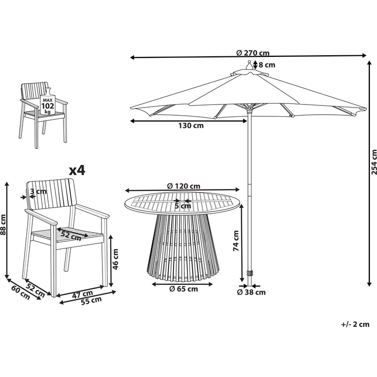 Beliani 'AGELLO' Gartentisch Set mit Schirm, Akazienholz Heller Holzfarbton, 120x120x75 cm – Bild 2