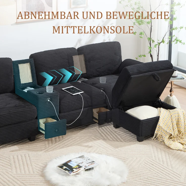 LVHOM 3-Sitzer Sofa mit Hocker, L-Form Ecksofa mit Stauraum, USB-C-Anschluss und 2 Getränkehaltern, modulares Sofa, Schwarz – Bild 4