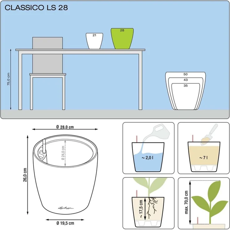 LECHUZA Blumentopf CLASSICO LS 28 ALL-IN-ONE Set Hochglanz-Weiß 16040 421466 – Bild 9