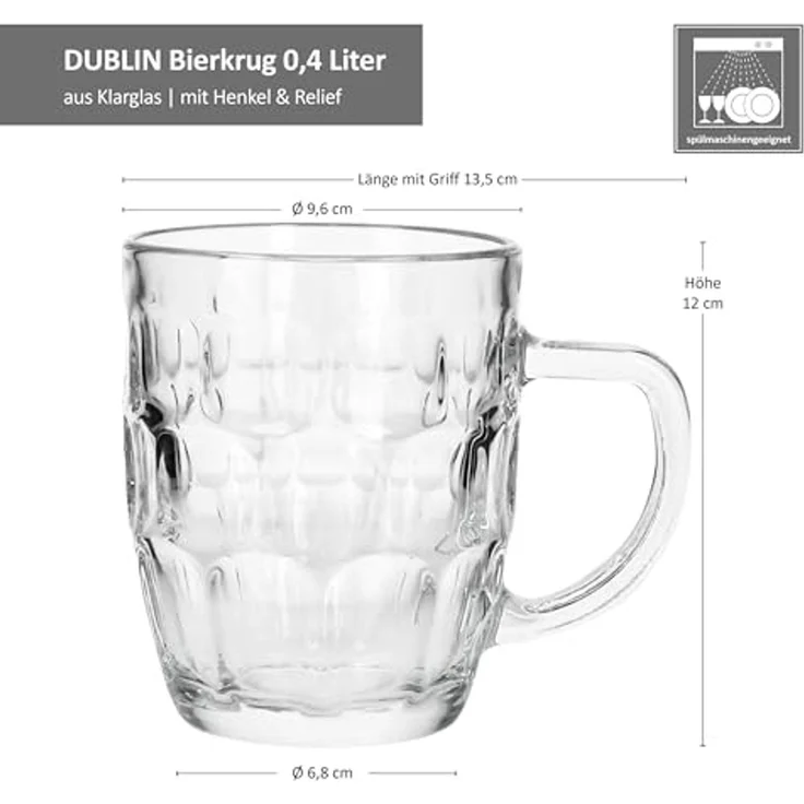 MamboCat Bierglas 6x Dublin Bierkrug 400ml mit Relief & Henkel Bierhumpen klar 0,4L, Glas – Bild 6