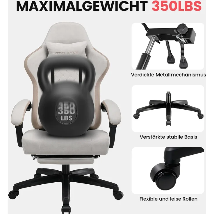 GTPLAYER Gaming-Stuhl Ergonomischer Gaming Sessel Schreibtischstuhl mit Stoffoberfläche (Pacekung), Federsitzkissen mit Fußstütze – Bild 3