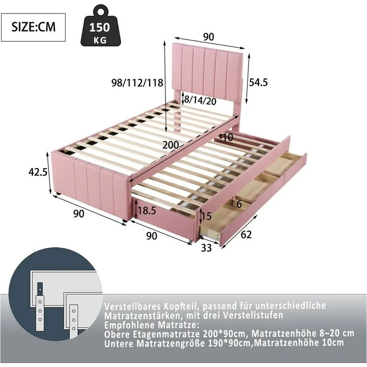 Flieks Polsterbett, Einzelbett 90x200cm mit 3 Schubladen und Ausziehbett 90x190cm – Bild 3