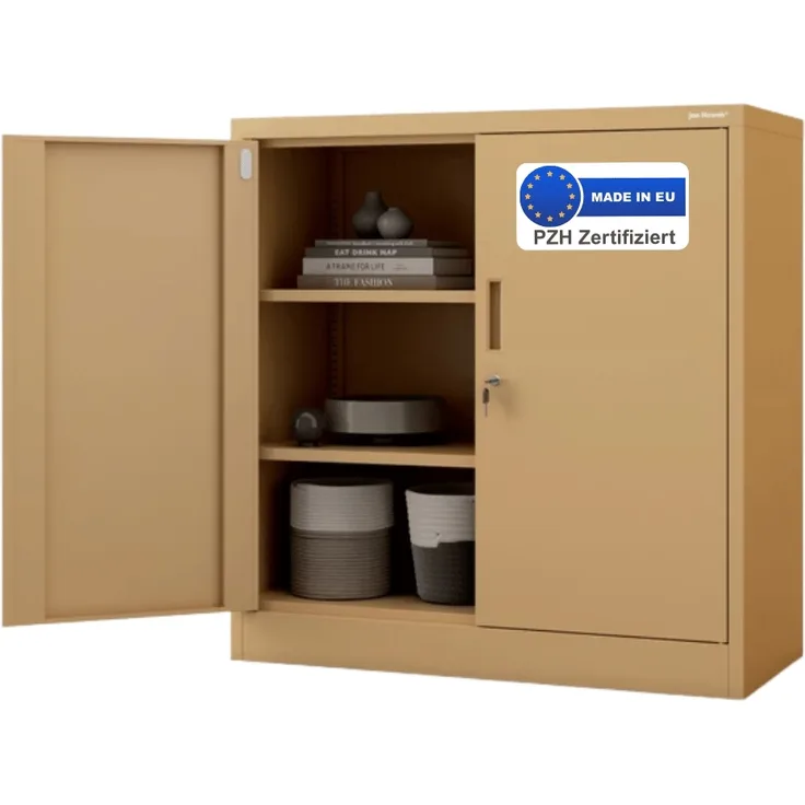 Aktenschrank abschließbar KADO - 3 Ebenen verstellbar, Flügeltüren | Metallschrank Werkstatt Mehrzweckschrank Büroschrank aus Stahl Werkzeugschrank, 93x90x40cm Beige