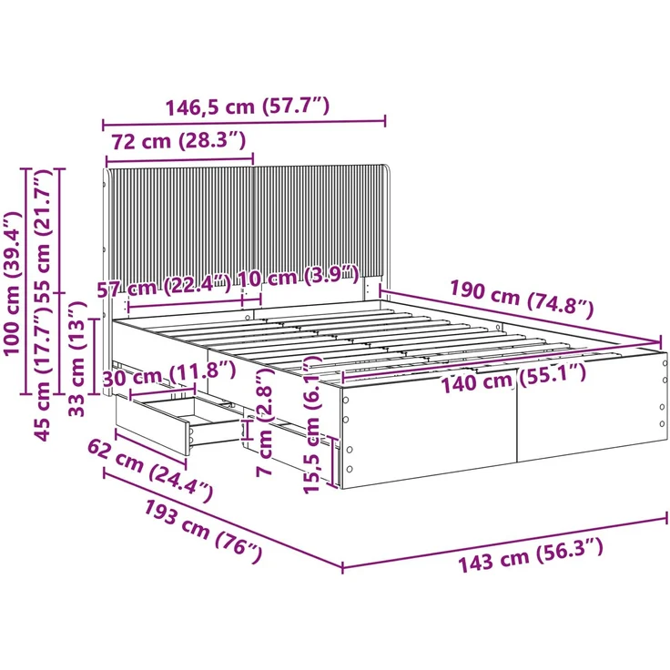 vidaXL Bettgestell mit Stauraum und Kopfteil Schwarz 140 x 190 cm 3413948 – Bild 11