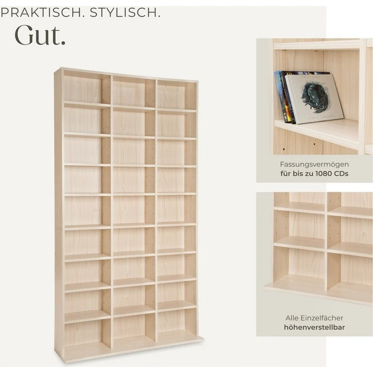 tectake CD-Regal Medienregal Christel in Holzoptik 180x102x23,5cm, Sammlerset 1-tlg, höhenverstellbare und herausnehmbare Zwischenböden – Bild 3