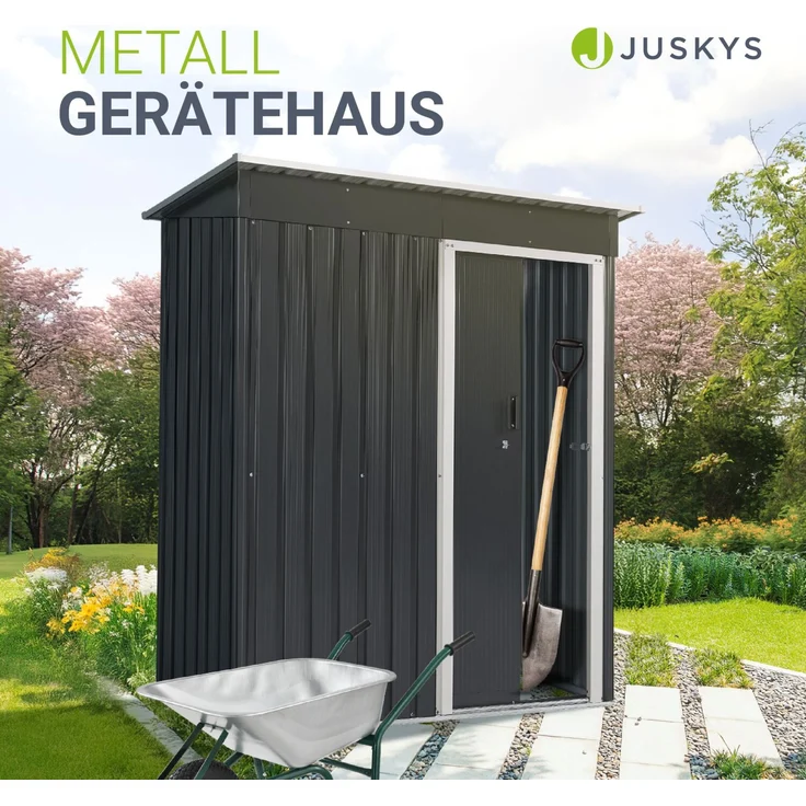 Juskys Metall Gerätehaus S mit Pultdach, Schiebetür & Fundamentrahmen | 1 m² | 164 x 88 x 182 cm | Anthrazit | Geräteschuppen Gartenhaus Schuppen – Bild 2