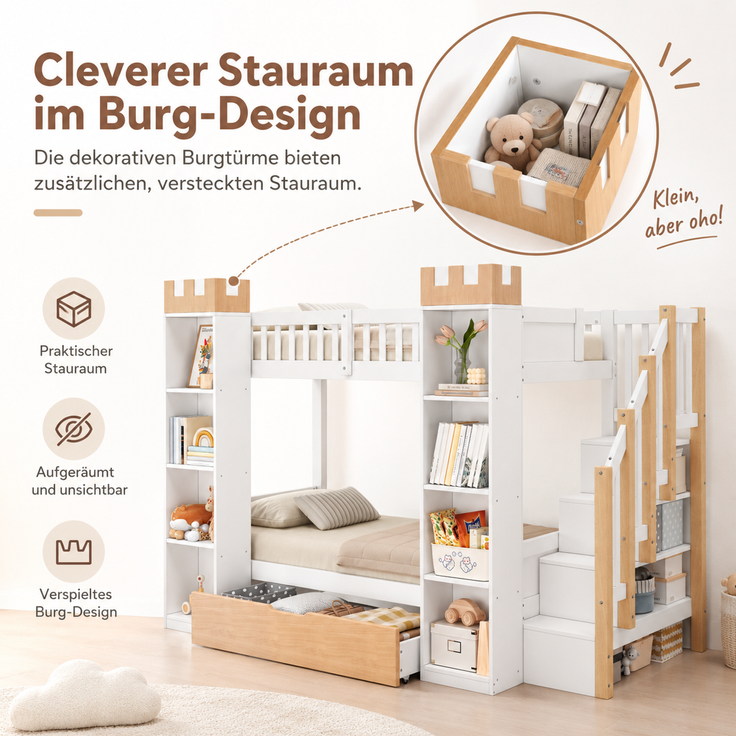 Etagenbett mit 2 Liegeflächen à 90×200 cm, Rausfallschutz und Stauraumtreppe, Weiß, ohne Matratzen – Bild 7