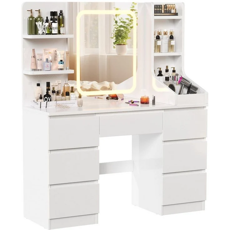 HOMALL Schminktisch Schminktisch mit Spiegel und LED Mit 7 Schubladen und 8 Ablagefächern (Größe: 110*40*139 cm Einstellbare drei Farbtemperaturen, um Ihr perfektes Make-up zu präsentieren) – Bild 5
