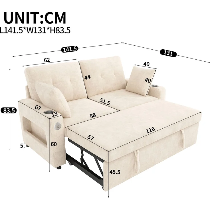 Schlafsofa 141,5x131x83,5 cm in Beige mit Schlaffunktion, LED und USB-Anschluss – Bild 5