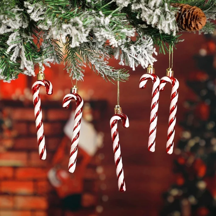 6er-Set – Zuckerstangen-Baumkugeln, glänzende Weihnachtsdeko aus Kunststoff (Rot) – Bild 5