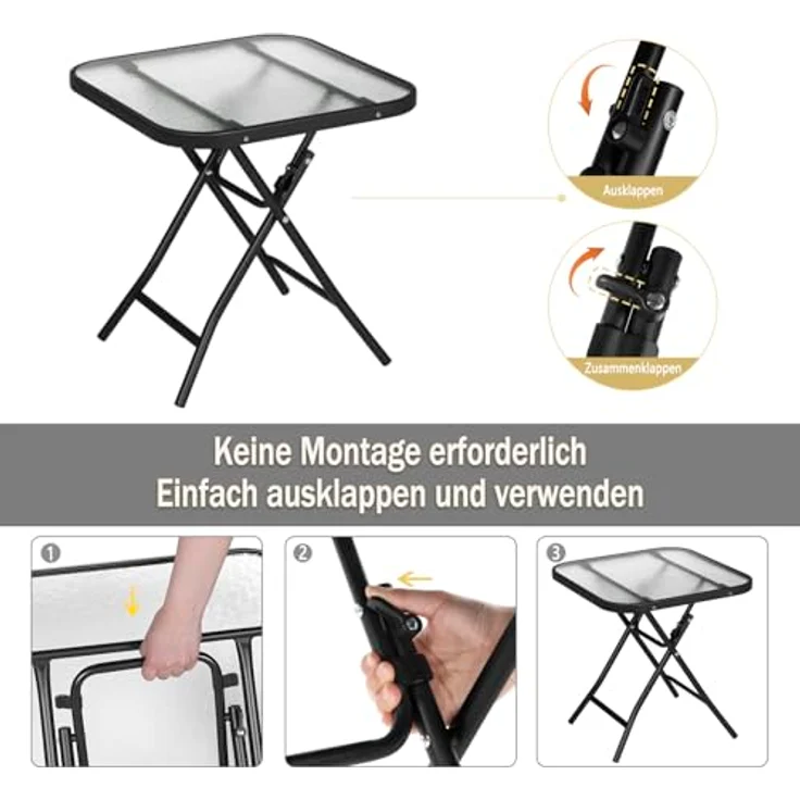 eSituro Klapptisch, Beistelltisch klappbar, Balkontisch Campingtisch Gartentisch Bistrotisch, mit Metallrahmen, rechteckige Tischplatte aus gehärtetem Glas, 46 x 46 x 48 cm, Schwarz+transparent – Bild 6