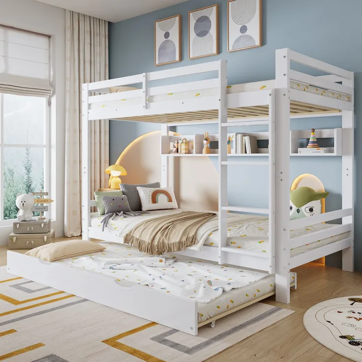 Etagenbett 90×200 cm aus Kiefernholz und MDF mit Ausziehbett und Ablageregalen, weiß