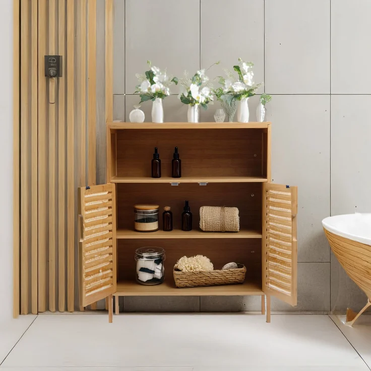 AD. CON Badezimmerschrank Bambus Badregal Badschrank mit 3 Ablagen 81x65x31cm – Bild 7