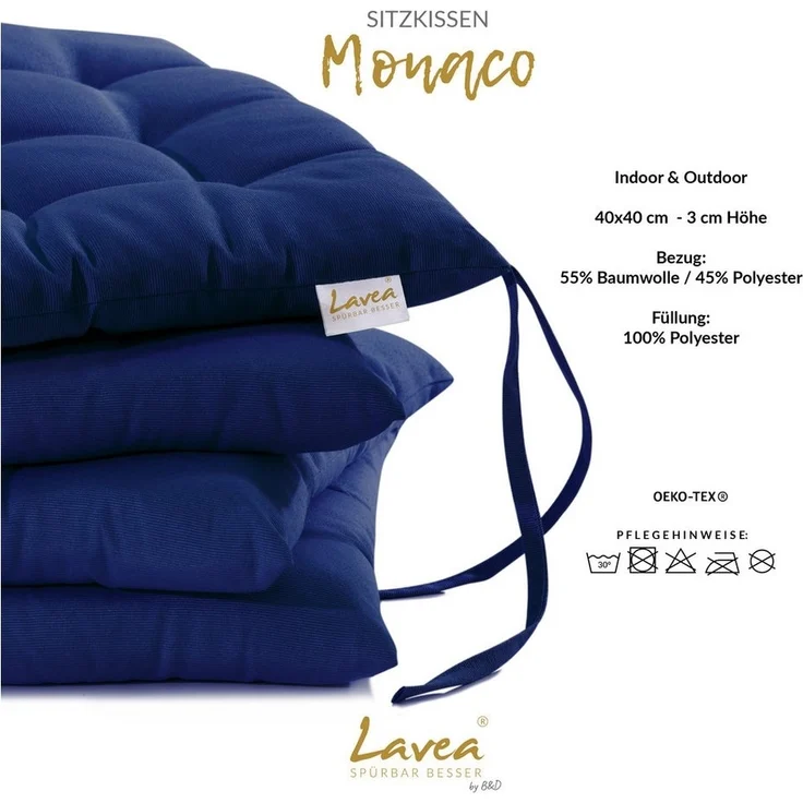 Lavea Stuhlkissen MONACO - weich gepolsterten Sitzkissen Set (4er & 8er), 40x40x3 cm, mit Stoffbändern, Indoor & Outdoor, für Garten & Balkon – Bild 2
