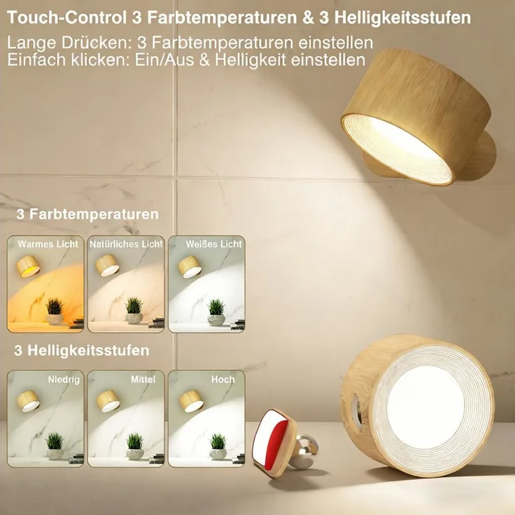 BlingBin LED Wandleuchte Innen Wandlampe Dimmbarem LED-Licht, Touch-Wandleuchte, Leselampe, 3 Farbmodi, LED fest integriert, Warmes Licht, weißes Licht, natürliches Licht, Magnetische Befestigung kabellose Leuchten für Schlafzimmer, Flur