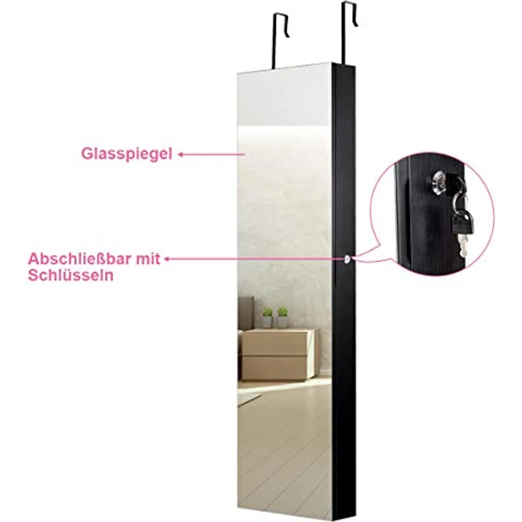 COSTWAY Schmuckschrank mit LED Beleuchtung, Schmuckregal haengend mit Spiegel, abschliessbar mit Schlüsseln, 120 cm hoch, schwarz – Bild 8