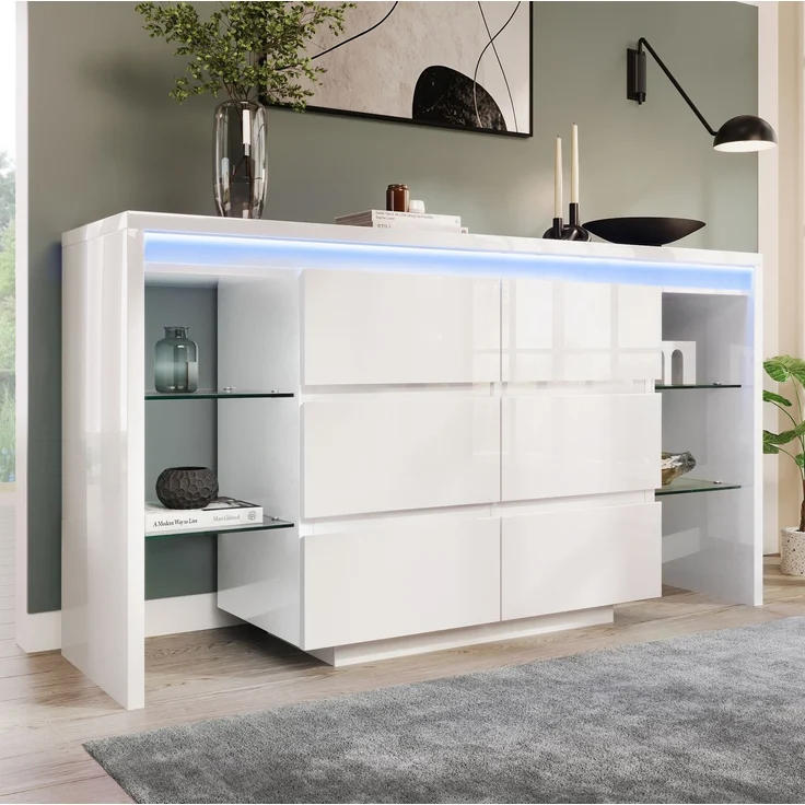 DESVIAE Sideboard Hochglanzweiß aus MDF/Spanplatte/Glas – 155x80x40 cm – 6 Schubladen, LED-Beleuchtung – Bild 1
