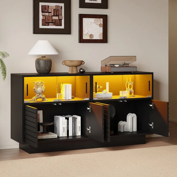 Merax Sideboard mit 2 Kabinett, 4 Fächern, Glastüren, Breite 130 cm, Beistellschrank mit LED-Licht, Wohnraumschrank mit viel Stauraum, Schwarz