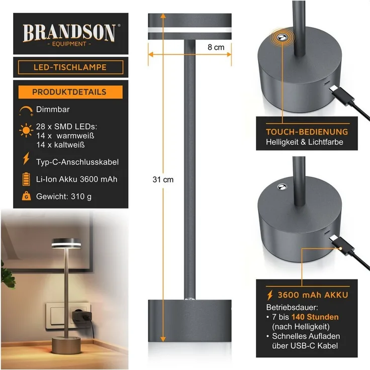 Brandson LED Tischleuchte Tischlampe, stufenlos dimmbar, 3 Lichtfarben, Akku 3600 mAh, Touch, Dimmfunktion, Ein-/Ausschalter, Farbwechsel, mehrere Helligkeitsstufen, LED fest integriert, Kaltweiß, Neutralweiß, Warmweiß, Tischlampe kabellos, USB-C, Schr...