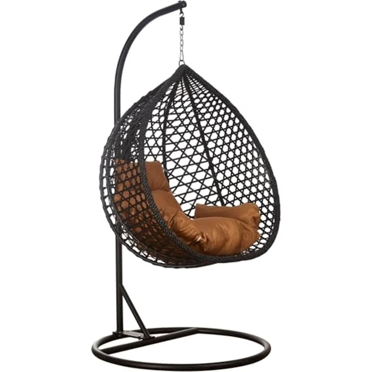 Luxus Hängesessel Style XXL Rattan Korb Gestell Schwarz mit Relaxkissen Braun – Bild 1