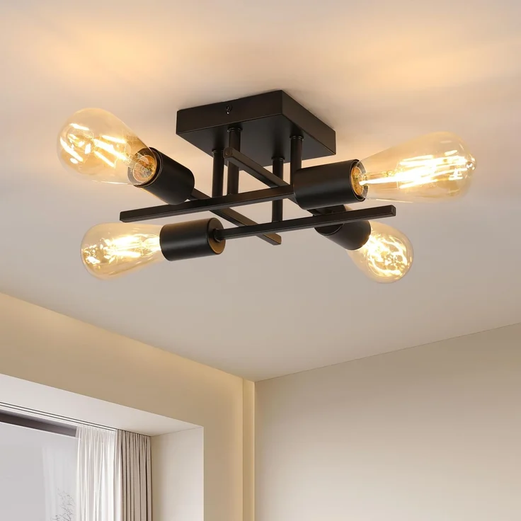 Goeco Deckenleuchte Vintage, Industrial Kronleuchter Lampe E27 4 Flammig Metall, Retro Deckenlampe Schwarz Pendelleuchte für Schlafzimmer, Wohnzimmer, Esszimmer, Küche – Bild 1