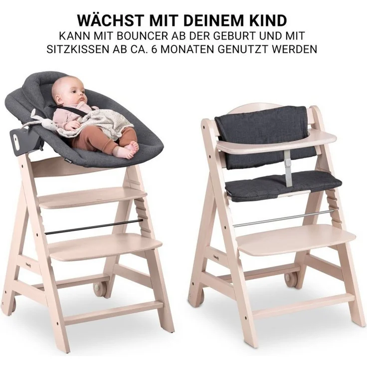 Hauck Hochstuhl Beta Plus Whitewashed - Dark Grey, Babystuhl ab Geburt inkl. Aufsatz für Neugeborene, Tisch, Sitzauflage – Bild 3