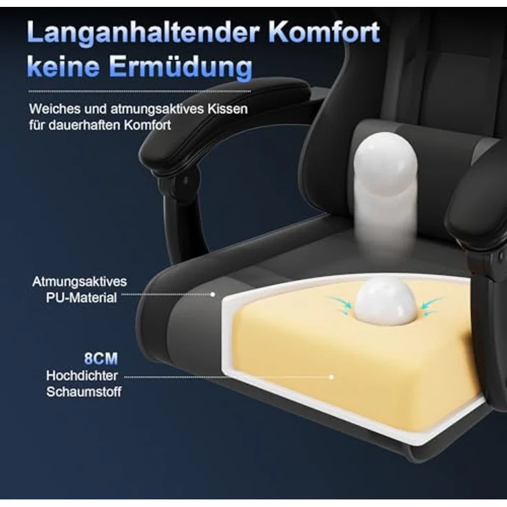 JUMMICO Gaming Stuhl mit Massagefunktion & 135° Rückenlehne, Ergonomischer Bürostuhl für Gaming und Homeoffice, Gaming Bürostuhl Belastbar bis 150 kg, Grau – Bild 7