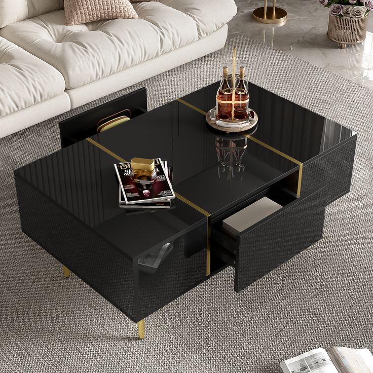 Couchtisch Schwarz Hochglanz mit Gold Akzenten,Sofatisch mit 2 Schubladen Stauraum – Bild 6