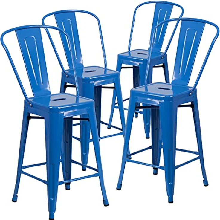 Flash Furniture Commercial Grade 4 Pack 61 cm High Metall Indoor Outdoor Hocker mit Rückenlehne, Kunststoff, verzinkter Stahl, blau, 4 Stück – Bild 2