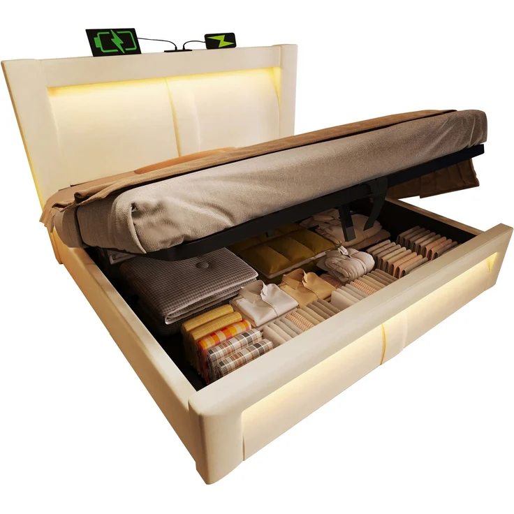 EINHOM Einzelbett 180 x 200 cm mit Stauraum, Hydraulisches Bett, LED-Beleuchtung mit APP-Steuerung, USB- & Type-C-Ladeanschlüsse, Samt, Kopfteil mit Gebogenem Design, Beige (Ohne Matratze) – Bild 6