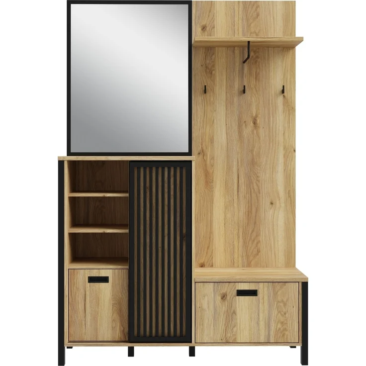 Kompaktgarderobe >JYTANA< mit Spiegel, Mauvella Eiche Dekor / schwarz - 132x200,3x40,2cm (BxHxT) – Bild 1