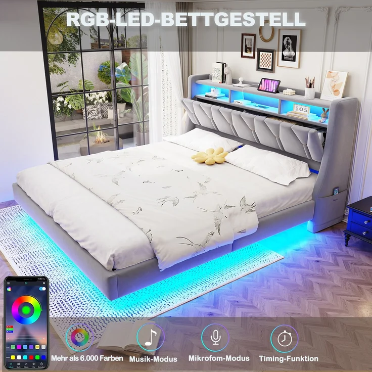 U-life Polsterbett 180x200 cm, fürs Schlafzimmer, klappbar, LED-Beleuchtung, Gepolstertes Kopfteil, Verbreiterte Bettbeine, Sperrholz, Hellgrau – Bild 4