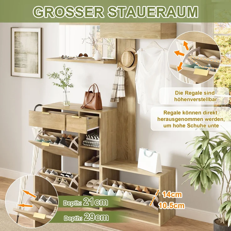 Flurgarderoben-Set, B 130 x T 30 x H 174 cm, aus Spanplatte in Holzdekor und Weiß – Bild 8