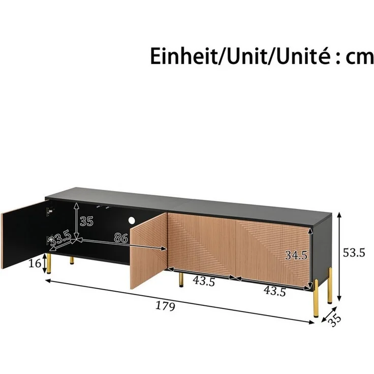 BlingBin Lowboard TV-Schrank Fernsehschrank TV-Ständer (Einzigartiges im Farbblock-Design, 1 St, mit 4 Türen und 5 Metallbeine), 179L x 35B x 53,5H cm, Schwarz + Natur – Bild 2