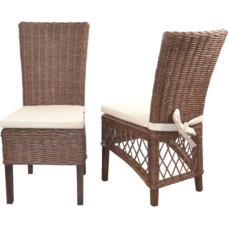 Rattanstühle/Esszimmerstühle 2er-Set, handgeflochten, braun, inkl. Kissen creme