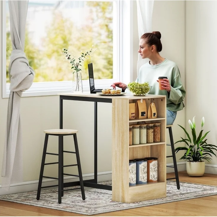 Bartisch-Set H 91 x T 49 x B 91 cm mit Stauraum, Stahl und Spanplatte in Eichenoptik, mit 2 Hockern – Bild 1