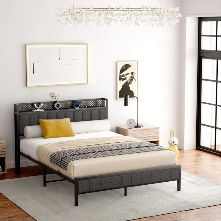 STILVORA Jugendbett Metallbett 140x200 Bettgestell bett mit Steckdose,led Beleuchtung (Eisenbett, Funktionsbett mit Lattenrost, 1-tlg, 27 cm Bodenfreiheit für extra Aufbewahrung, 140*200cm, ohne Matratze), mit schwarzem Metallrahmen, integrierten USB-A... – Bild 5