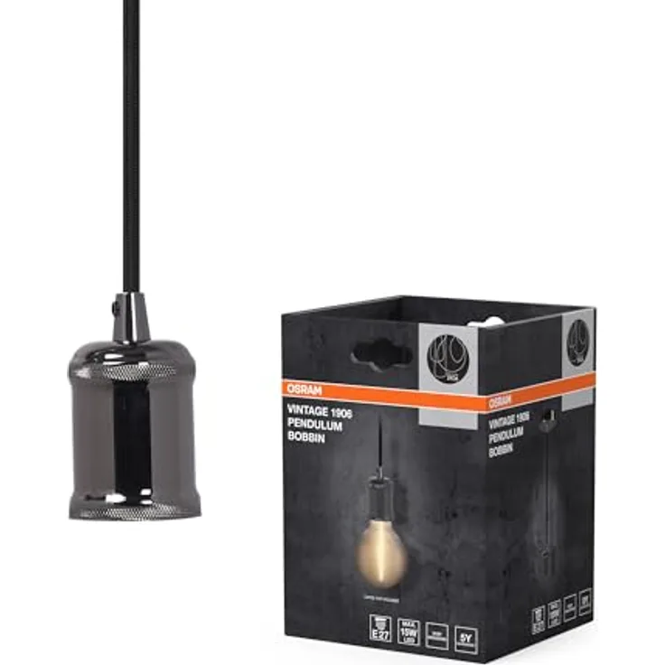 OSRAM Hängelampe VINTAGE 1906 BOBBIN, Pendelleuchte im Vintage-Stil aus Metall, grau, Ø 10 cm, E27 Sockel mit 1,5 m Textilkabel