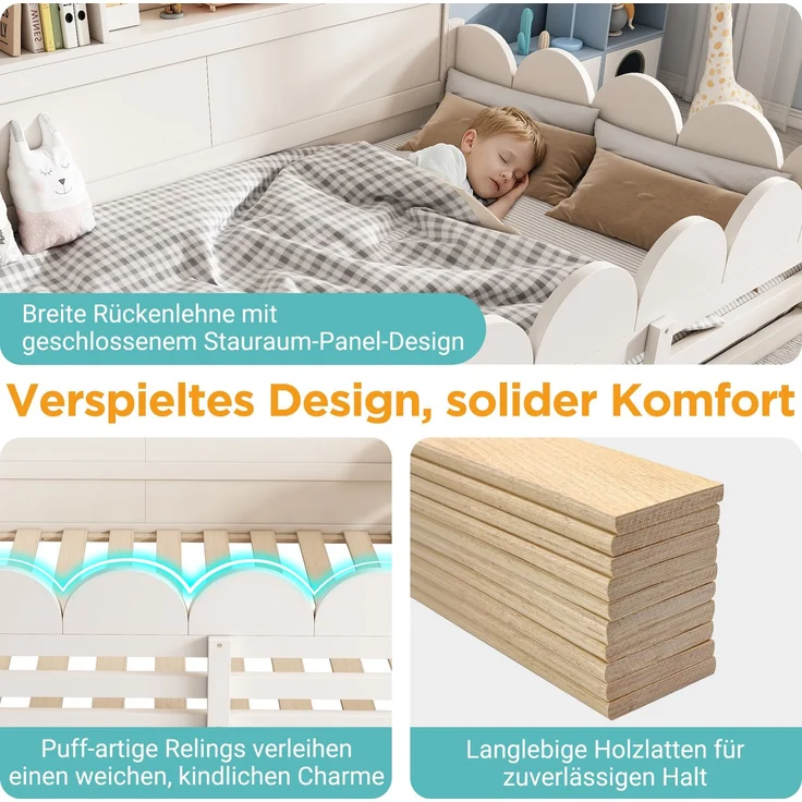 Kinder Bodenbett 140x200 cm Weiß Holzbett mit Rausfallschutz und Tür Lattenrost Kinderbett mit Regal großzügige Liegefläche für Geschwister sicherer Schlaf und Spielbereich ohne Matratze – Bild 7