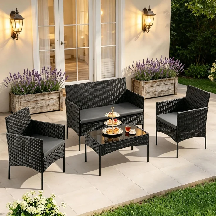 Gartentisch 71 x 41 x 39 cm mit 4-teiliger Sitzgruppe für 4 Personen, PE-Rattan und Glas, Schwarz – Bild 2