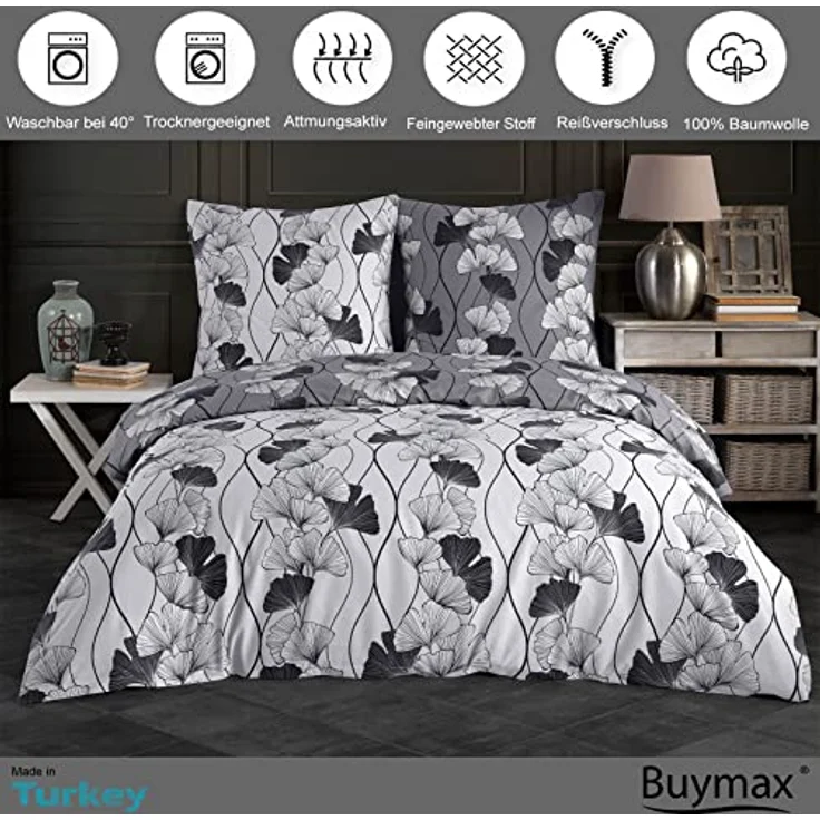 Buymax Bettwäsche Cornelia, Renforce: 100% Baumwolle, 2 teilig, 135x200 cm, mit Reißverschluss, Bettbezug-Set, Blumen, Grau, Schwarz – Bild 3